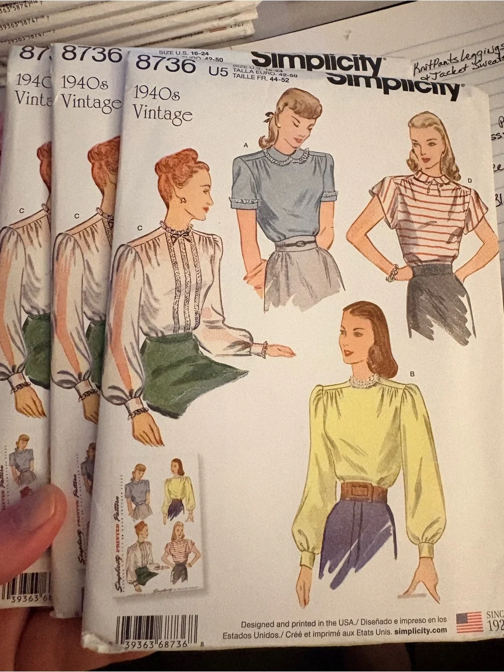BN UNCUT SIMPLICITY 8736 U5 PLUS SIZE 1940'S VINTAGE BLOUSES SEWING PATTERNS